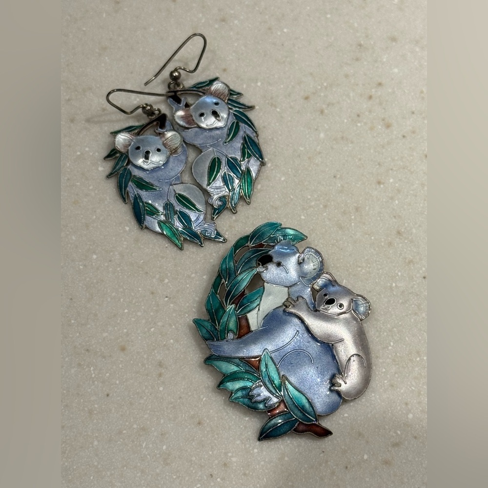 Earrings and Brooch Pin Set Koala Joey ZARAH Vintage Sterling Silver Zoo Animal